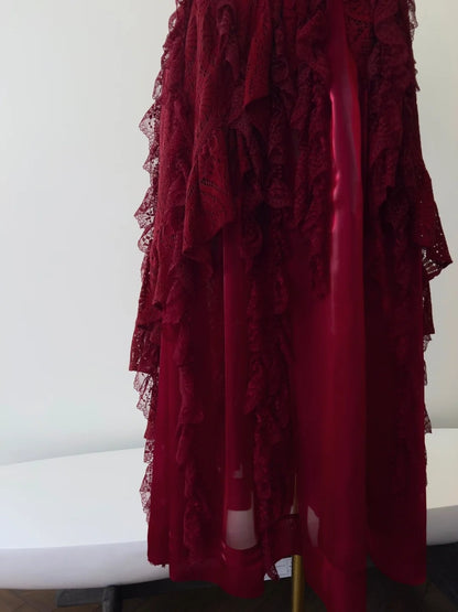 Alluring Halter Neck Burgundy Prom Dress Ruffles Lace A-Line Evening Dress GG5947