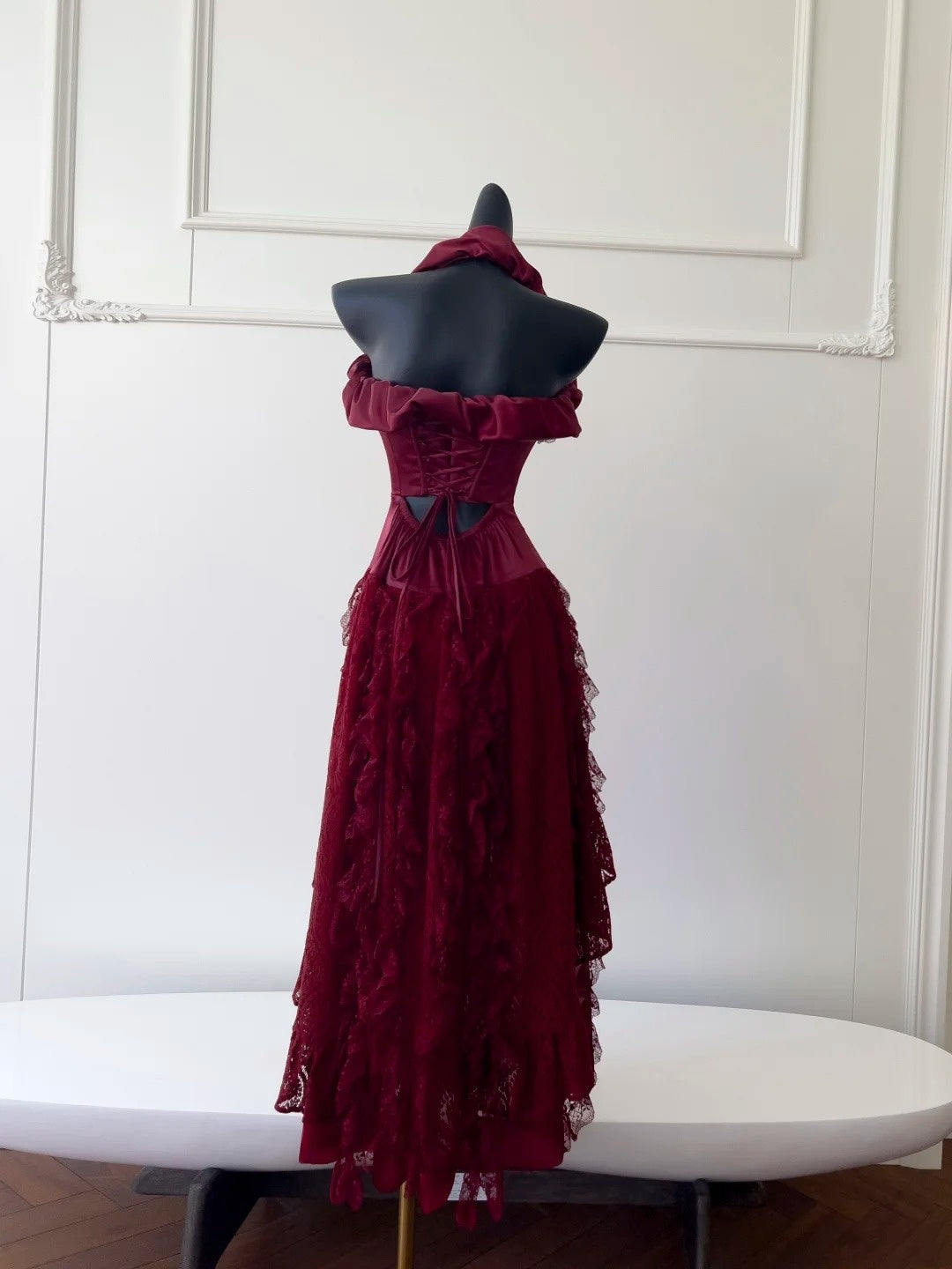 Alluring Halter Neck Burgundy Prom Dress Ruffles Lace A-Line Evening Dress GG5947
