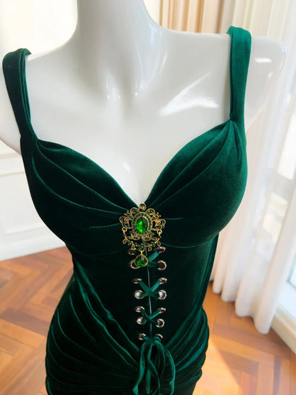 Modern Sweetheart Dark Green Prom Dress Velvet Sheath Evening Dress GG5950