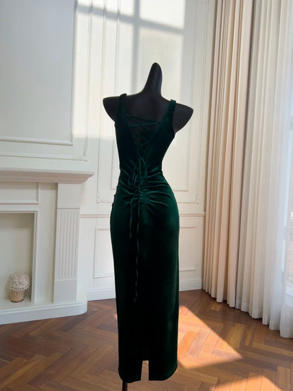 Modern Sweetheart Dark Green Prom Dress Velvet Sheath Evening Dress GG5950