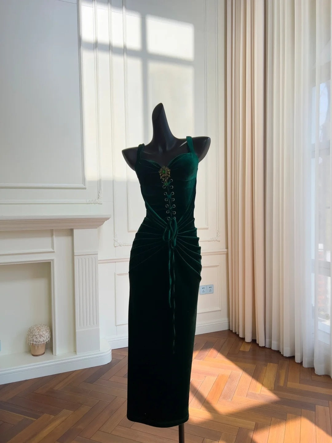 Modern Sweetheart Dark Green Prom Dress Velvet Sheath Evening Dress GG5950