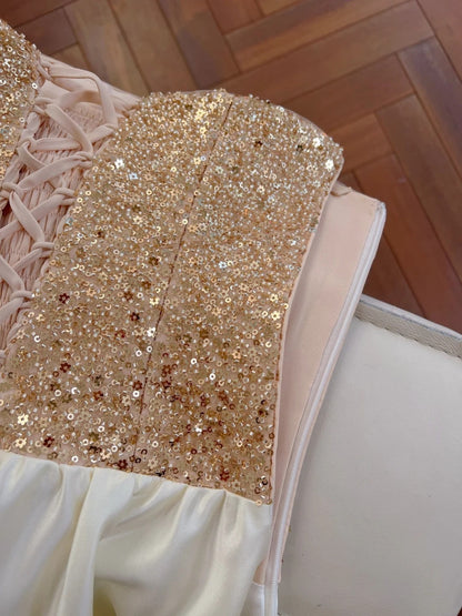 Glittering Spaghetti Straps Prom Dress Sequins Appliques A-Line Evening Dress GG5951