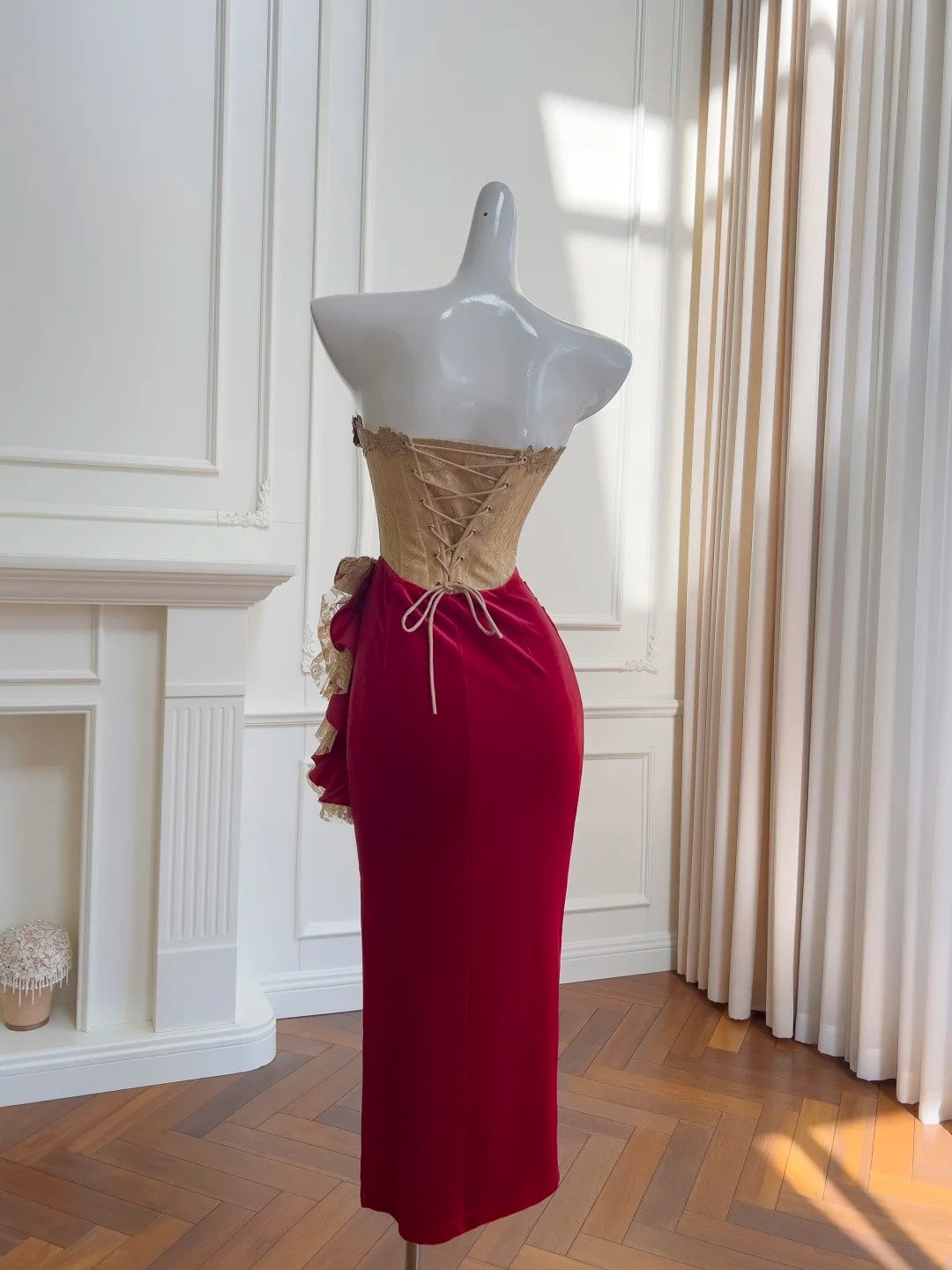 Romantic Strapless Red Prom Dress Floral Sequins Sheath Evening Dress GG5952