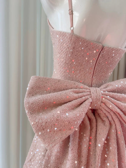 Sweet Pink Homecoming Dress Sequins Bow A-Line Birthday Dress GG5954