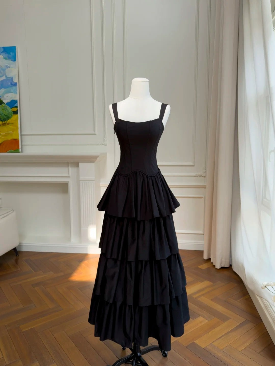 Charming Black Prom Dress Spaghetti Straps Tiered Evening Dress GG5957