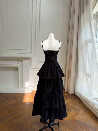 Charming Black Prom Dress Spaghetti Straps Tiered Evening Dress GG5957