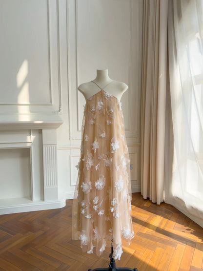 Dreamy Appliques Beige Prom Dress Halter Neck Evening Dress GG5958