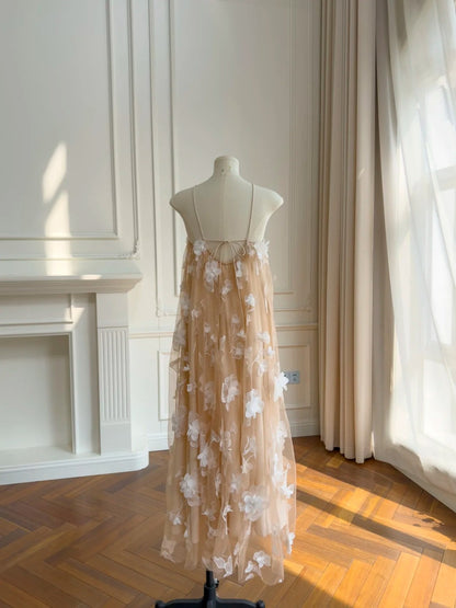 Dreamy Appliques Beige Prom Dress Halter Neck Evening Dress GG5958