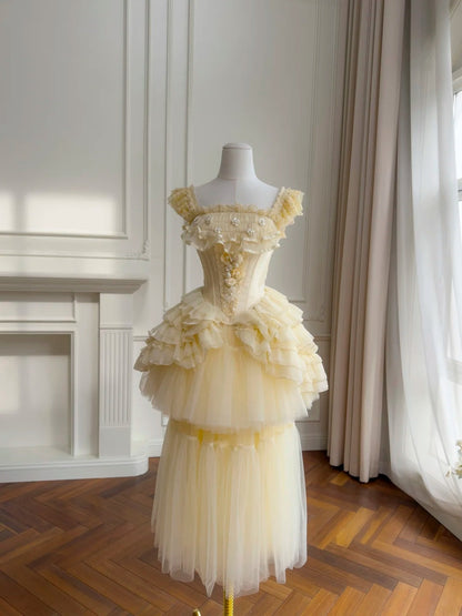 Adorable Square Neck Yellow Prom Dress Beading Tulle Evening Dress GG5959