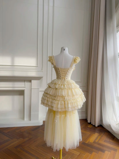 Adorable Square Neck Yellow Prom Dress Beading Tulle Evening Dress GG5959