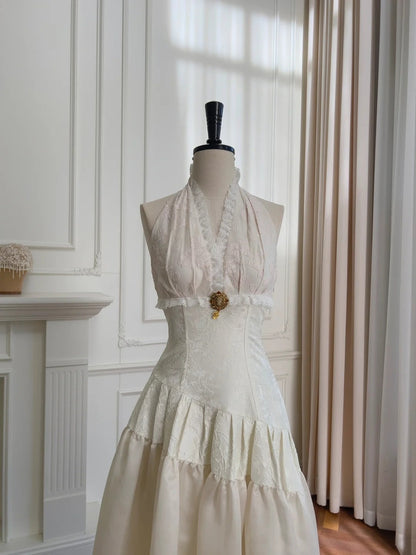 Graceful Ivory Halter Neck Prom Dress Jacquard Lace Evening Dress GG5963