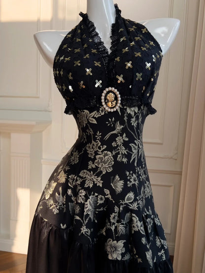 Playful Halter Neck Black Prom Dress Sequins Jaquard A-Line Evening Dress GG5965