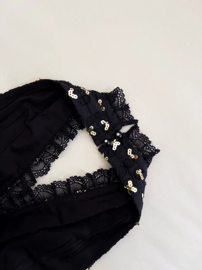 Playful Halter Neck Black Prom Dress Sequins Jaquard A-Line Evening Dress GG5965