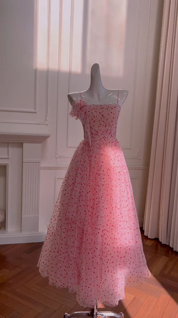 Adorable Spaghetti Straps Pink Prom Dress Polka Dots A-Line Evening Dress GG5967