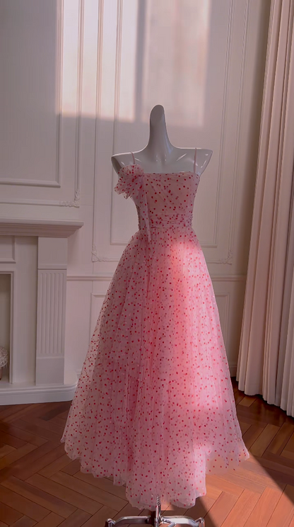 Adorable Spaghetti Straps Pink Prom Dress Polka Dots A-Line Evening Dress GG5967