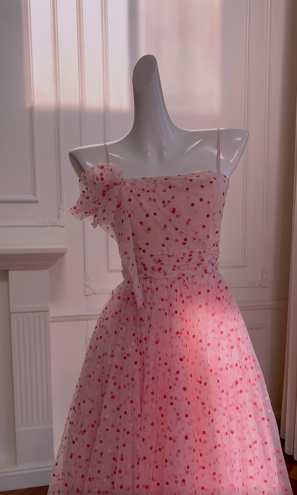 Adorable Spaghetti Straps Pink Prom Dress Polka Dots A-Line Evening Dress GG5967