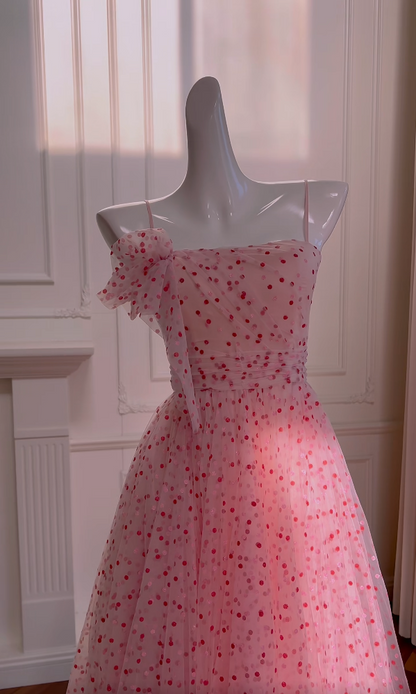 Adorable Spaghetti Straps Pink Prom Dress Polka Dots A-Line Evening Dress GG5967