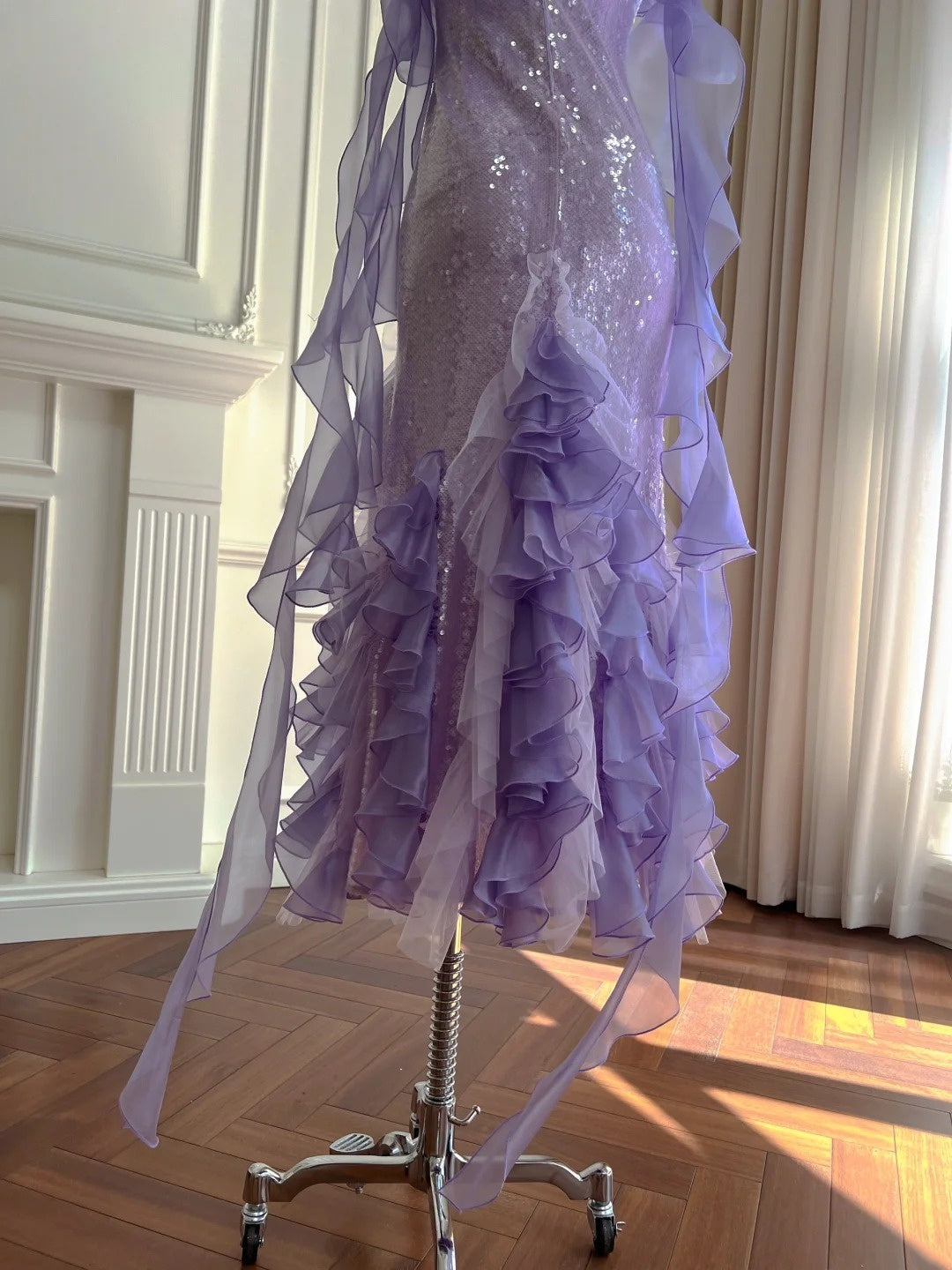 Romantic Off-the-Shoulder Purple Prom Dress Ruffles Sequins Sheath Evening Dress GG5973