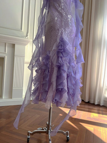 Romantic Off-the-Shoulder Purple Prom Dress Ruffles Sequins Sheath Evening Dress GG5973