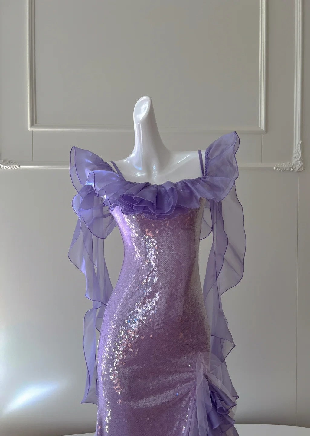 Romantic Off-the-Shoulder Purple Prom Dress Ruffles Sequins Sheath Evening Dress GG5973