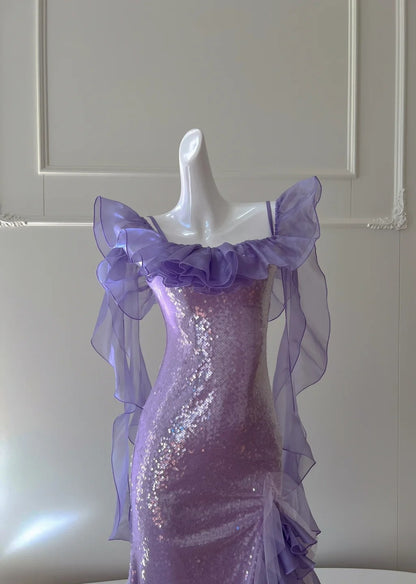 Romantic Off-the-Shoulder Purple Prom Dress Ruffles Sequins Sheath Evening Dress GG5973