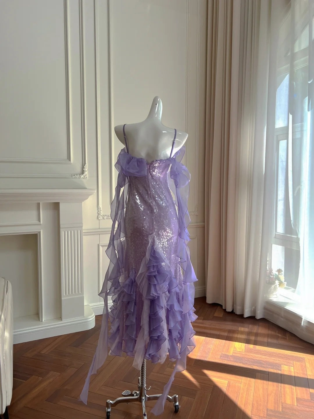 Romantic Off-the-Shoulder Purple Prom Dress Ruffles Sequins Sheath Evening Dress GG5973