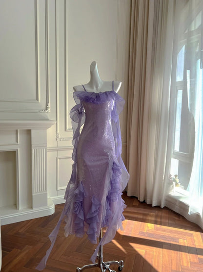 Romantic Off-the-Shoulder Purple Prom Dress Ruffles Sequins Sheath Evening Dress GG5973