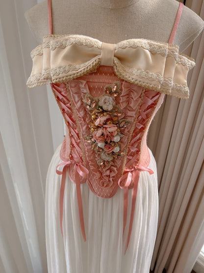 Ornate Spaghetti Straps Pink Prom Dress Rhinestones 3D Floral A-Line Evening Dress GG5975