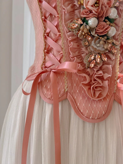 Ornate Spaghetti Straps Pink Prom Dress Rhinestones 3D Floral A-Line Evening Dress GG5975