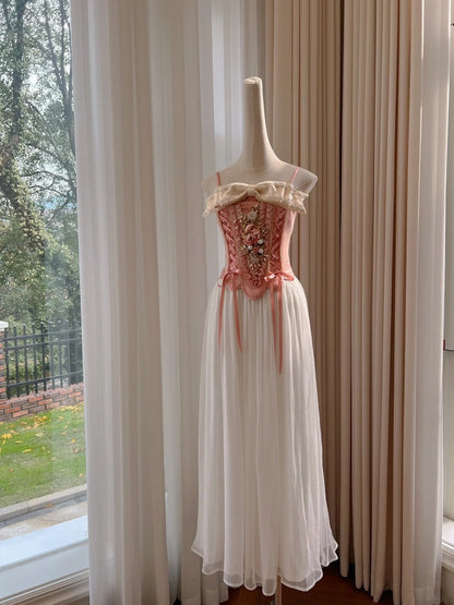 Ornate Spaghetti Straps Pink Prom Dress Rhinestones 3D Floral A-Line Evening Dress GG5975