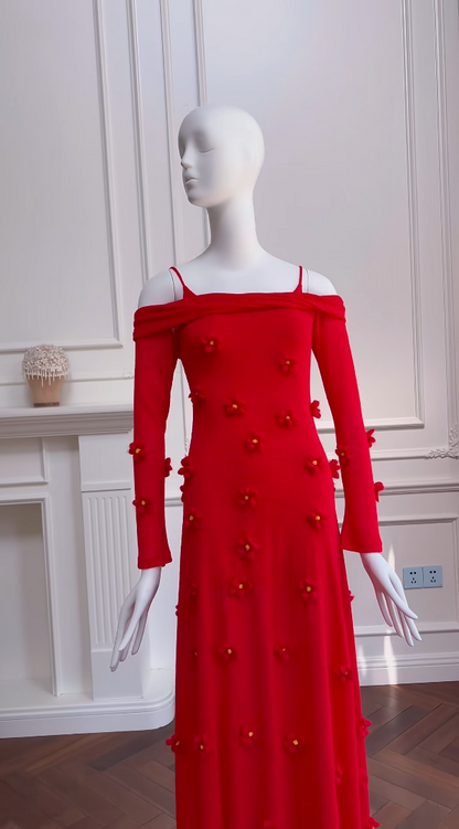Romantic Red Prom Dress Long Sleeve Appliques A-Line Evening Dress GG5976