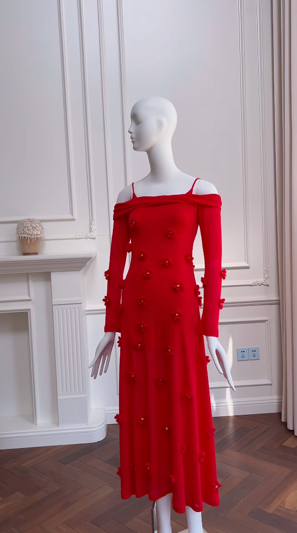 Romantic Red Prom Dress Long Sleeve Appliques A-Line Evening Dress GG5976