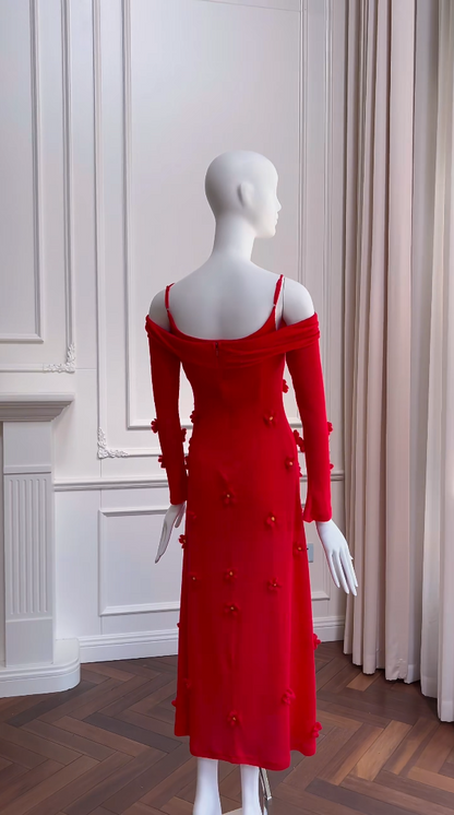 Romantic Red Prom Dress Long Sleeve Appliques A-Line Evening Dress GG5976