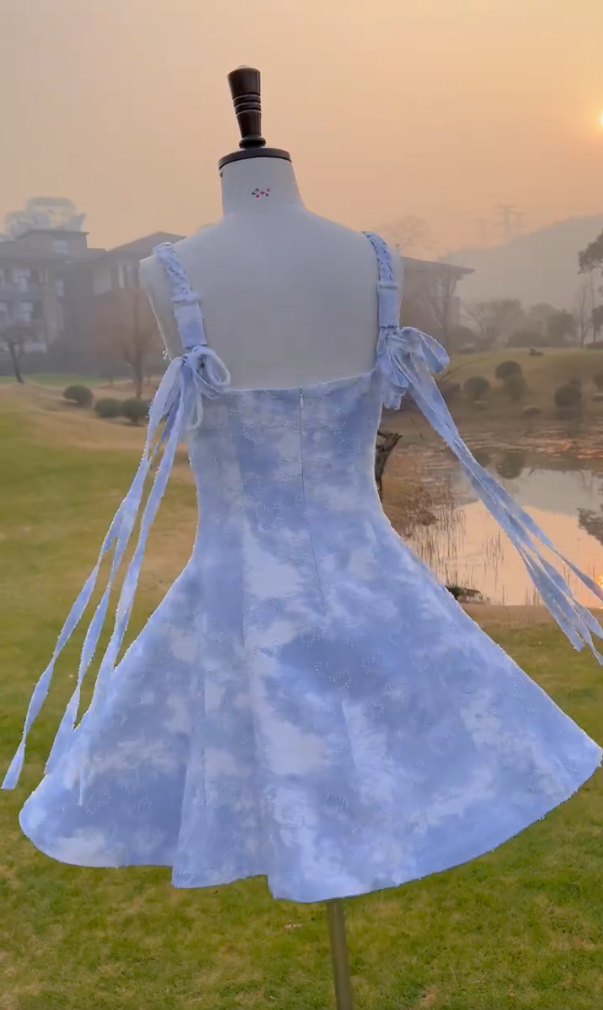 Cute Spaghetti Straps Beaded Homecoming Dress Blue A-Line Birthday Dress GG5978
