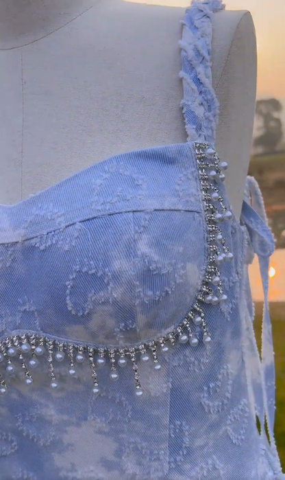 Cute Spaghetti Straps Beaded Homecoming Dress Blue A-Line Birthday Dress GG5978