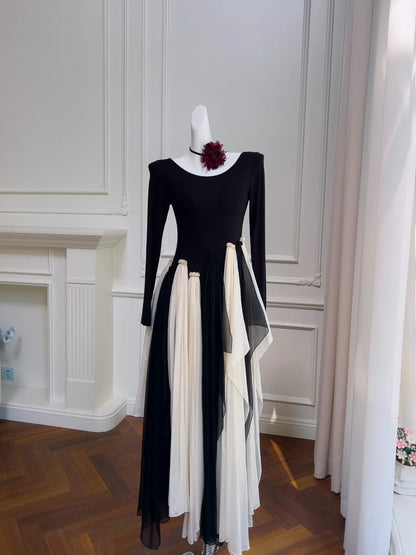 Unique Black Prom Dress Long Sleeve Chiffon A-Line Evening Dress GG5980