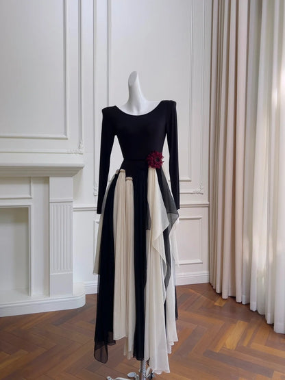 Unique Black Prom Dress Long Sleeve Chiffon A-Line Evening Dress GG5980