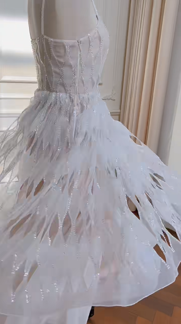 Ornate Spaghetti Straps White Prom Dress Sequins Cutout A-Line Evening Dress GG5987