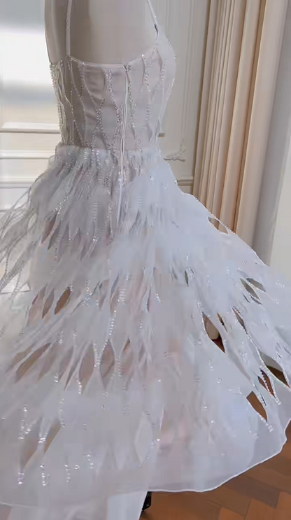 Ornate Spaghetti Straps White Prom Dress Sequins Cutout A-Line Evening Dress GG5987