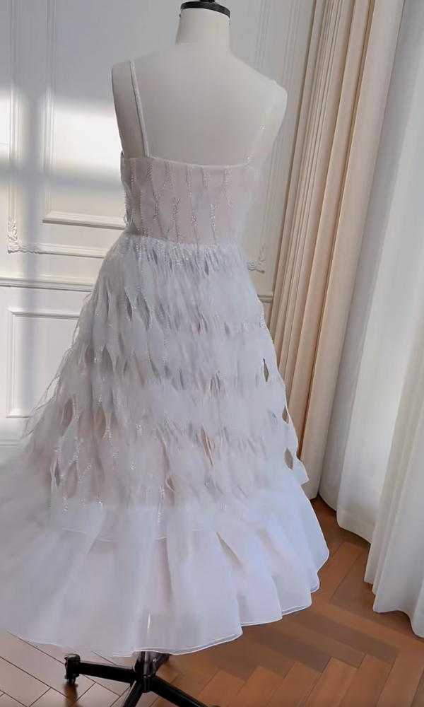 Ornate Spaghetti Straps White Prom Dress Sequins Cutout A-Line Evening Dress GG5987