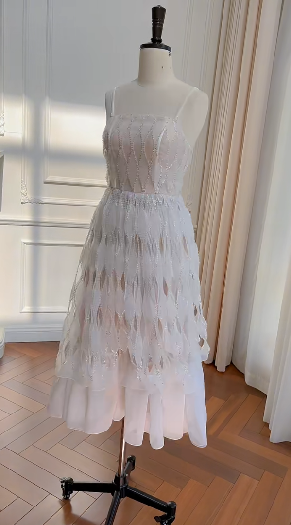 Ornate Spaghetti Straps White Prom Dress Sequins Cutout A-Line Evening Dress GG5987