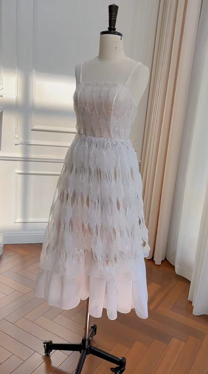Ornate Spaghetti Straps White Prom Dress Sequins Cutout A-Line Evening Dress GG5987