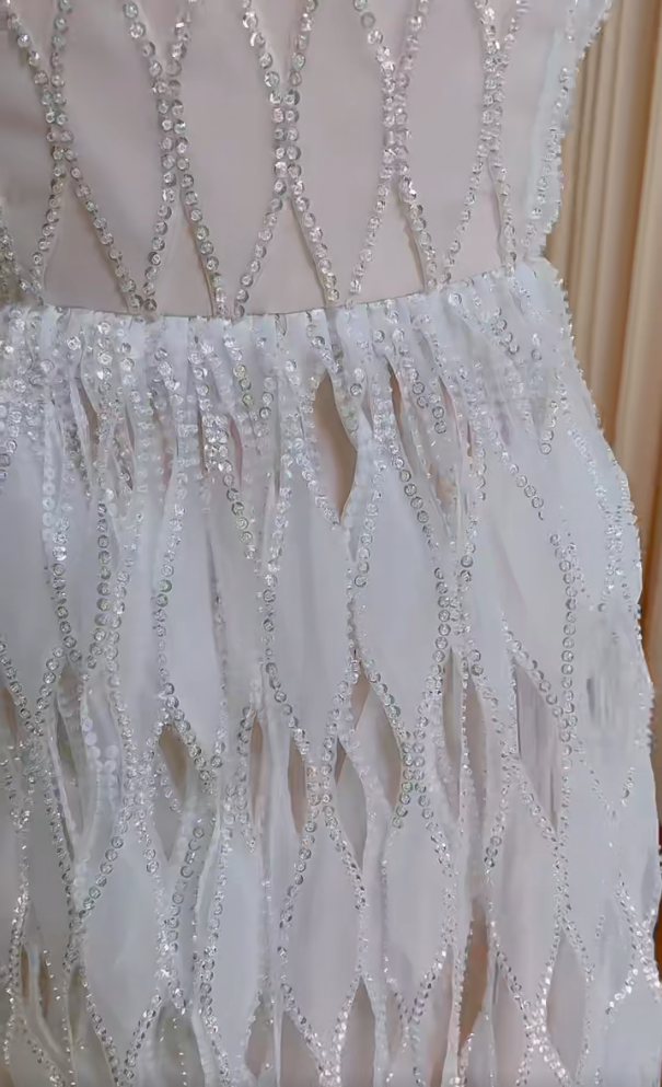 Ornate Spaghetti Straps White Prom Dress Sequins Cutout A-Line Evening Dress GG5987