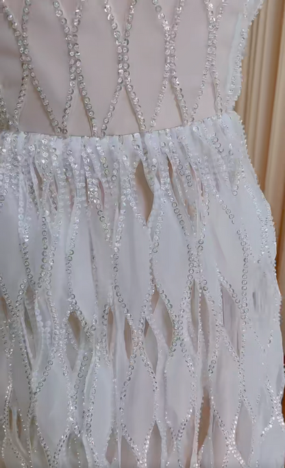 Ornate Spaghetti Straps White Prom Dress Sequins Cutout A-Line Evening Dress GG5987