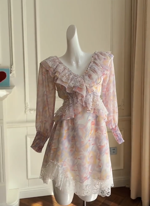 Charming Ruffles Pink Floral Homecoming Dress Lace Cutout A-Line Birthday Dress GG5991
