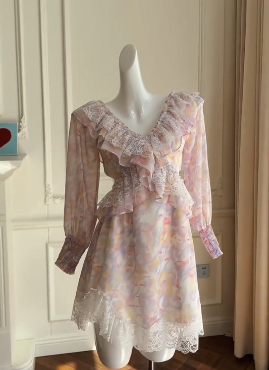 Charming Ruffles Pink Floral Homecoming Dress Lace Cutout A-Line Birthday Dress GG5991