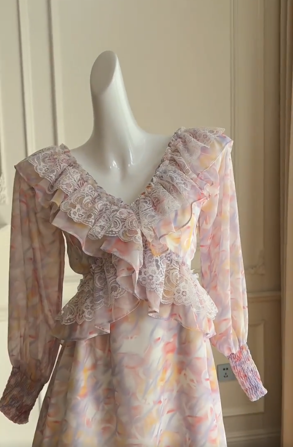 Charming Ruffles Pink Floral Homecoming Dress Lace Cutout A-Line Birthday Dress GG5991