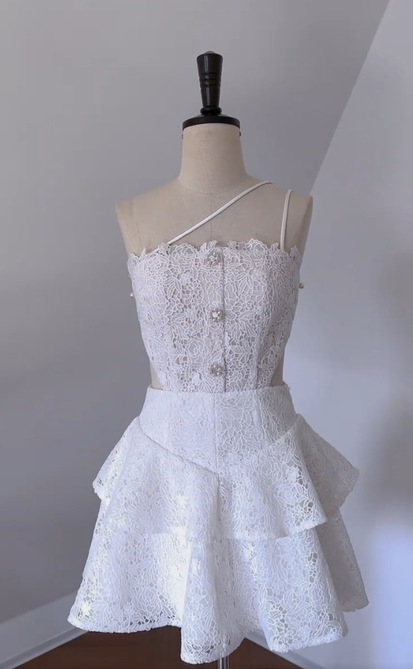 Trendy Spaghetti Straps White Homecoming Dress Lace Cutout A-Line Birthday Dress GG5993