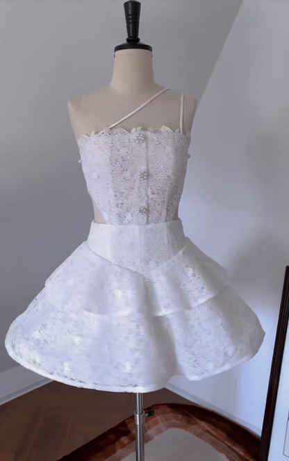 Trendy Spaghetti Straps White Homecoming Dress Lace Cutout A-Line Birthday Dress GG5993