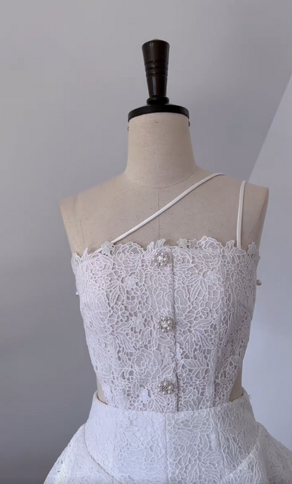 Trendy Spaghetti Straps White Homecoming Dress Lace Cutout A-Line Birthday Dress GG5993